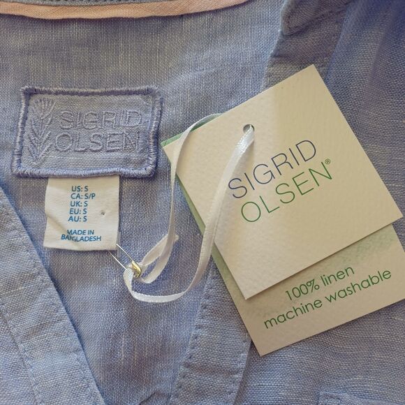 Sigrid Olsen LINEN Top Size S Blue Button Front Tunic Roll Sleeves Washable NEW - Picture 6 of 9